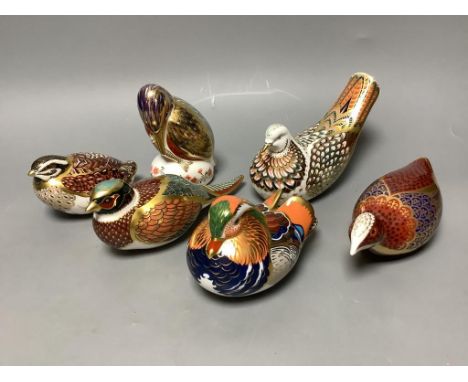   Six Royal Crown Derby bird paperweights, Woodland Pheasant (Collectors Guild), Dappled Quail, Turtle Dove, Coot, Kingfisher