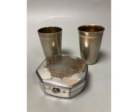   A silver plated puzzle box, 1754, and two boxed Russian beakers, 7.5cm