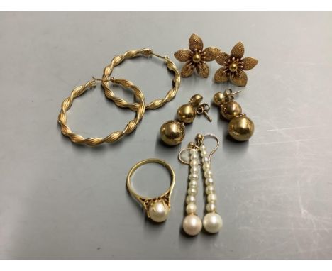   Three pairs of modern 9ct earrings and a 9ct gold and cultured pearl set ring, gross 12.4 grams and a pair of yellow metal 