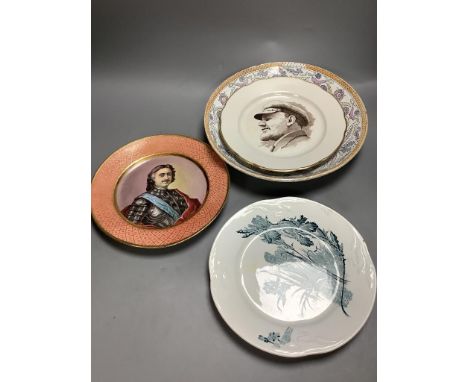   A Russian plate of Stalin, diameter 24cm, two Russian pottery dishes and a portrait plate