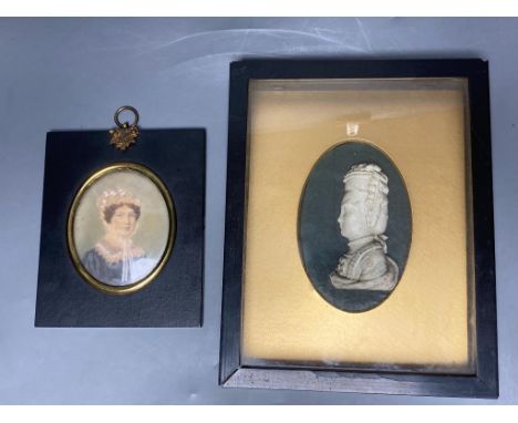   A late 18th century gesso profile portrait of a lady, framed, named verso ‘Haycraft. 1775’, together with an associated por