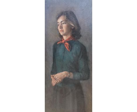   Contemporary English School, oil on canvas, Three quarter length portrait of a lady, 76 x 35cm, unframed