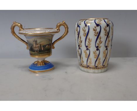 A Worcester Tea Caddy with moulded body, gilt and blue leaf and scroll designs (lid missing), a Doe and Rogers Worcester two-