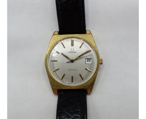 A gentleman's Omega Geneve Wristwatch the silvered dial with hourly baton markers, sweep seconds hand and date aperture at 3 