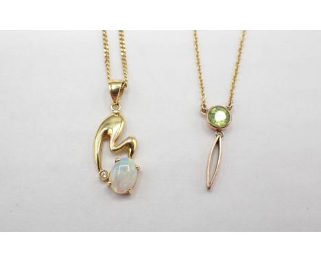 A small Opal and Diamond Pendant having asymmetric plaque rubover-set brilliant-cut diamond and claw-set oval opal on fine ch