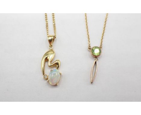 A small Opal and Diamond Pendant having asymmetric plaque rubover-set brilliant-cut diamond and claw-set oval opal on fine ch