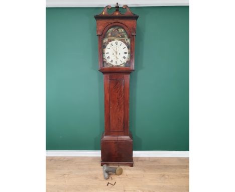 A 19th Century mahogany Longcase Clock with swan neck pediment above an arched dial, painted Scottish figures in landscape in