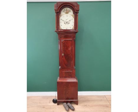 An early 19th Century Longcase Clock with floral painted arched dial, subsidiary seconds dial and date aperture, 8-day moveme