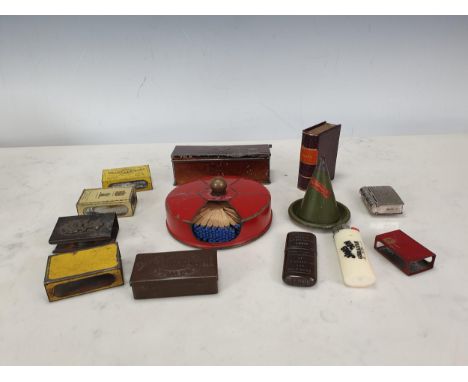 A Japanned tinplate Vesta Box, rectangular with hinged cover 'George Dowler's Patent Wax Vestas', 5in, five Matchbox Sleeves,