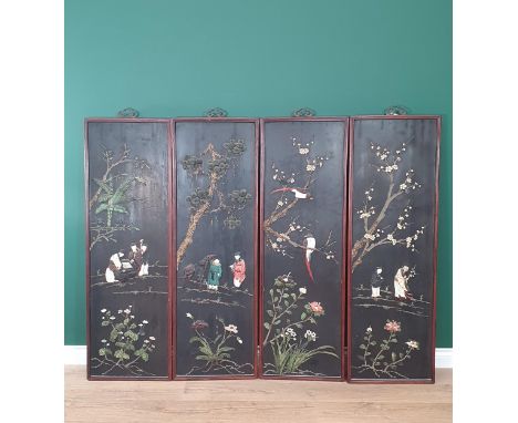 Four early 20th Century Chinese lacquered Panels with mother of pearl and hardstone decoration, three depicting rural figures