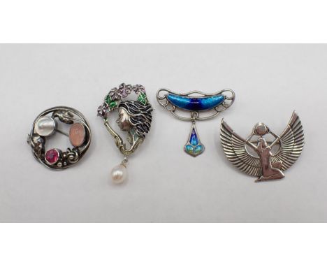 Four white metal Brooches including; Art Nouveau with turquoise and blue enamel, Art Nouveau style with girl's head in profil