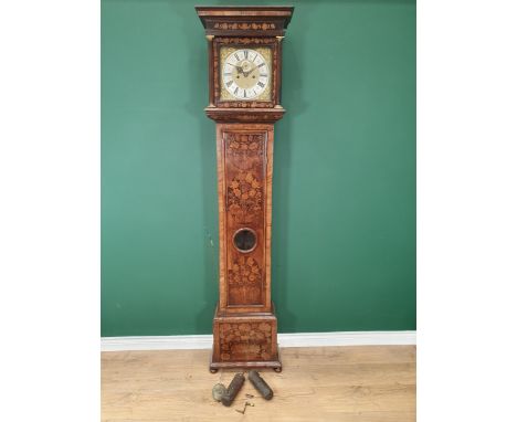 An 18th Century marquetry and walnut Longcase Clock, the square brass dial with silvered chapter ring, surrounded by ornate g