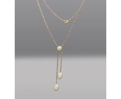 An Opal Négligée Necklace millegrain-set round cabochon suspending two drops each terminating in oval cabochon on fine chain 