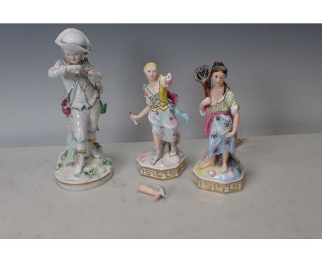 Three Derby Figures, one of young Man with hat, holding small posy of flowers, bag on shoulder, on a rustic base (head glued)