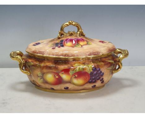 A large Royal Worcester Tureen and Cover painted fruit and signed S. Smith with gilt scrolled handles, 15in W including the h