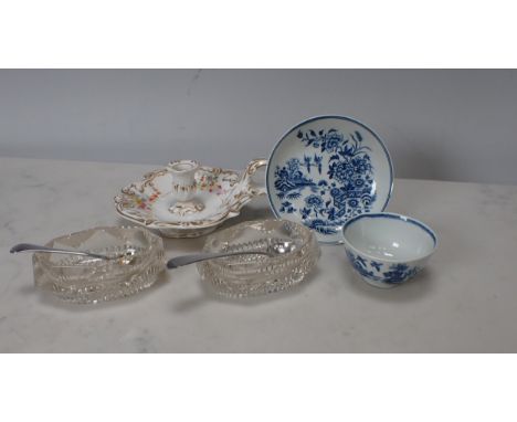 A Coalport style Taper Stick with gilt scroll handle and border, floral designs, a Worcester blue and white Tea Bowl and Sauc