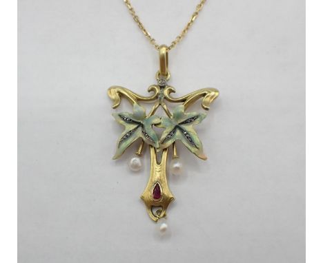 An Art Nouveau Enamel and Gem-set Pendant the openwork plaque having green enamel to ivy leaves and rose-cut diamonds to vein