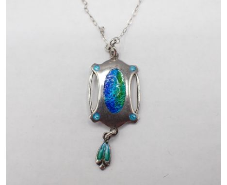 An Art Nouveau silver and enamel Pendant the rectangular plaque with blue, green and turquoise enamel suspending small drop, 