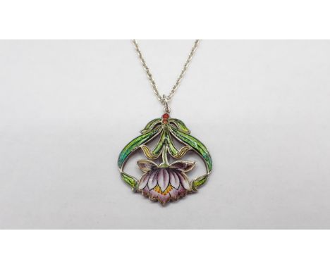 An Art Nouveau silver and enamel Flower Pendant on fine chain 