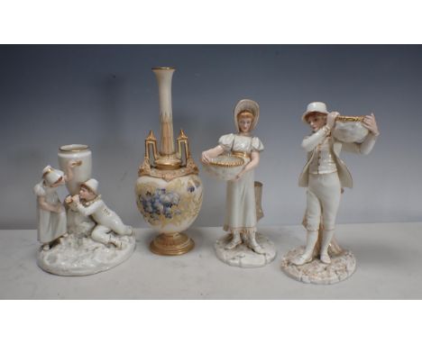 A pair of Royal Worcester Figures of Youth and Young Girl holding Baskets, A/F and another with children on rocky base with b