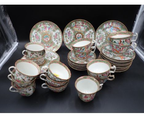 A Collection of Cantonese Teaware painted figures, flowers, birds and insects in shaped reserves in famille rose enamels, viz