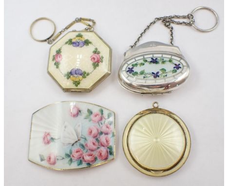 A Continental silver and enamel Buckle depicting butterfly and pink roses stamped 900 6.5cms wide, a painted enamel Compact m