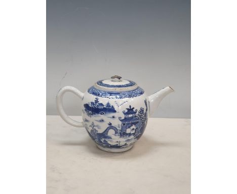 A Chinese blue &amp; white Teapot and Cover decorated buildings and figures in a landscape with gilt detail, 6in H 