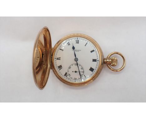A 9ct gold cased Hunter Pocket Watch by J W Benson London, the white enamel dial with roman numerals and subsidiary seconds d