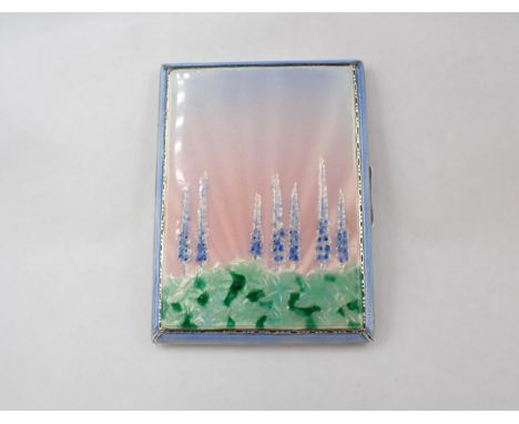 A silver and enamel Cigarette Case the front decorated delphiniums in blue border, Birmingham 1937, maker; FHA & H 2 1/2in x 