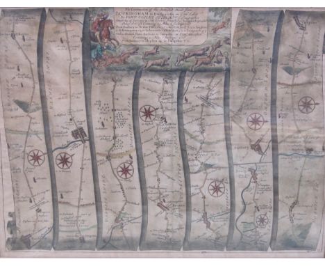 JOHN OGILBY (1600-1676). 'The Continuation of the extended road from Buckingham to Bridgnorth, engraved strip map, hand colou