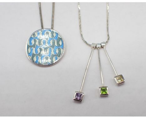 A contemporary silver gem-set Necklace having three drops each set quartz and a circular silver and enamel Pendant in blue, g