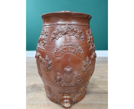 A large stoneware Rum Barrel with fruiting vine, equestrian figures, etc, in relief, 18in 