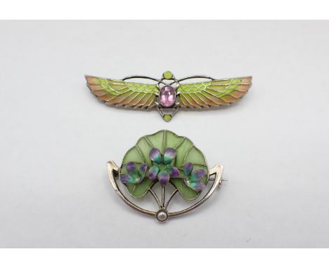 An Art Nouveau plique a jour enamel flower Brooch marked DEPOSE 900 and an Art Deco Brooch of bird in flight set pink stone w