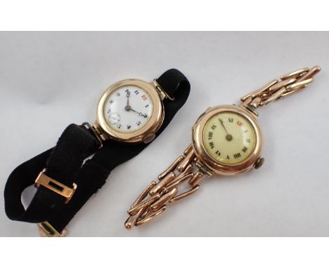 A lady's early 20th Century 9ct gold Wristwatch the white enamel dial with arabic numerals on black taffeta strap, case width