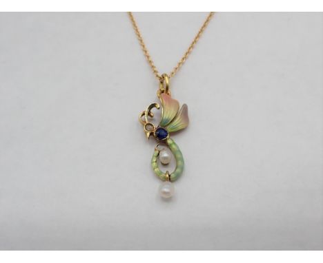 A delicate Art Nouveau Enamel and Gem-set Mayfly Pendant having enamel to wings, rose-cut diamond eye, cushion-cut sapphire t