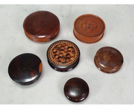A Collection of six circular wooden Snuff Boxes including a Tunbridge ware Box with geometric design to the cover (small chip