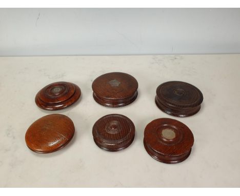 A Collection of six circular Snuff Boxes including an oak engine turned Box, the interior inscribed York Minster I. Fossett. 