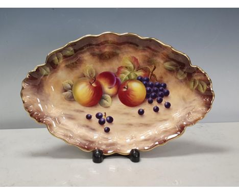 A large Royal Worcester shaped oval Tray painted fruit and signed S. Smith with gilt border, 15 1/2in A few surface scratches
