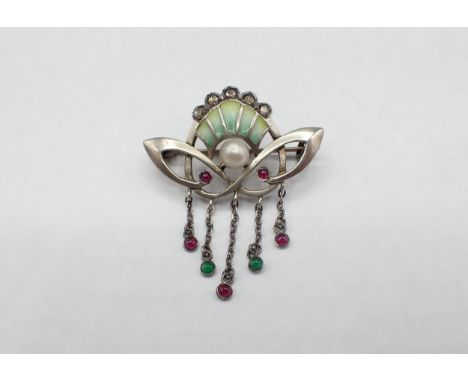 An Art Nouveau Brooch set rose-cut diamonds, plique a jour enamel and cultured pearl, stamped STERLING, 35mm wide 