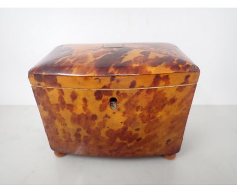 A 19th Century tortoiseshell bow front Tea Caddy with interior divisions, on bun feet, 6½in 