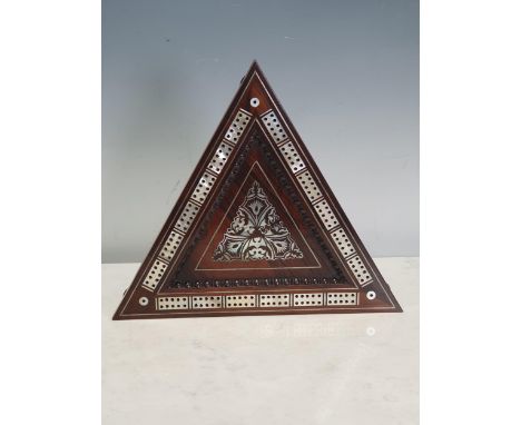 A 19th Century rosewood triangular inlaid Cribbage Board, the central section and marker holes inlaid with mother-of-pearl, t