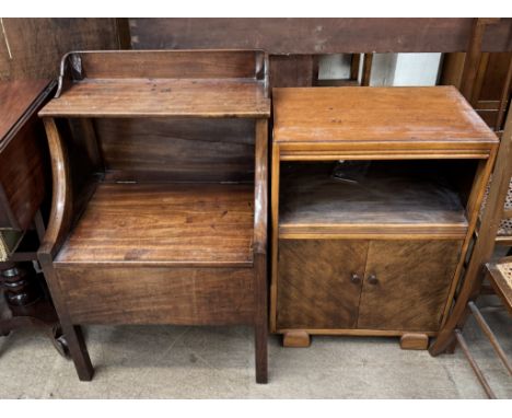 A George III mahogany night stand / commode with a 3/4 gallery hinged back and seat on square legs together with a side cabin