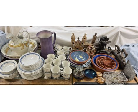 Flat irons together with jug and basin sets, part dinner set, pottery plates, terracotta cooking pots etc 