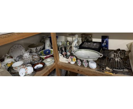 An Oneida part flatware service together with a Nao figure, other pottery figures, cake stand, bowls, part tea services, cloc