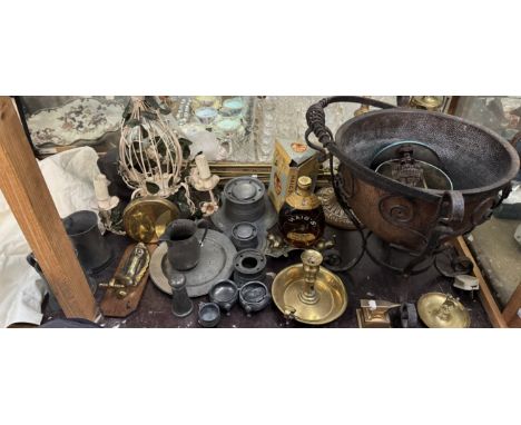 A Haig's Dimple whisky together with pewter desk inkwells, other pewter items, brass gong, brass fire irons, copper jardinier