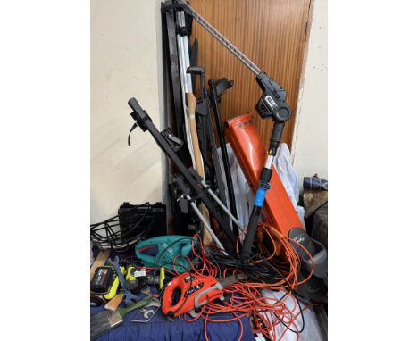 A Flymo garden Vac together with a Mac Allister hedge trimmer, power tools, roof bars etc 