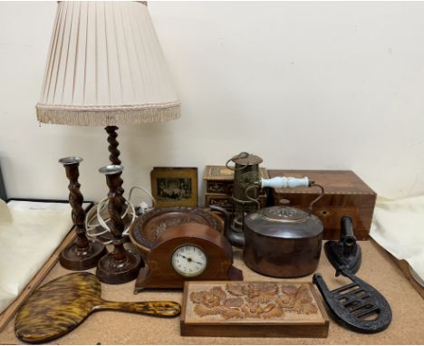 A Thomas and Williams miner's lamp, together with a sectional jewellery box, two carved boxes, a wooden bowl, barley twist ta