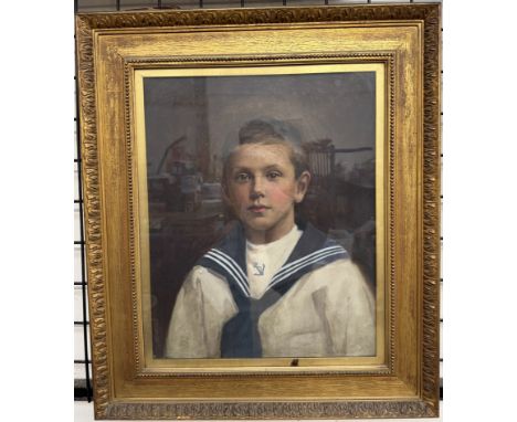 George Hall NealeHead and shoulders portrait of a young boy in a sailors outfitOil on canvasSigned