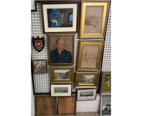 Clinton JonesA SeascapeWatercolourSignedTogether with a watercolour of a farmstead by JJ Gilbertson, a head and shoulders por