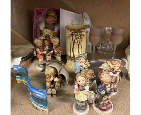A collection of large Hummel figures, a Hummel doll, drinking glasses etc 